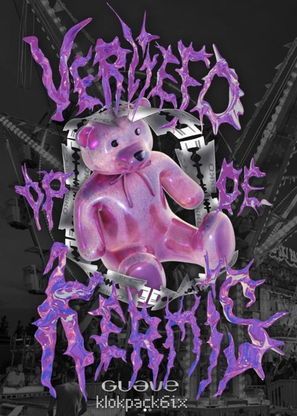 the verliefd op de kermis poster, spiked purple lettering around a pink teddy bear