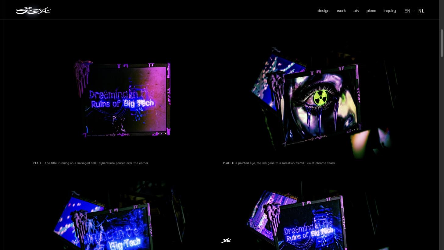 the cyberbirdxx artist portfolio, opened on a dark landing page: a salvaged monitor dripping with cyberslime, the words dreaming in the ruins of big tech glowing in neon
