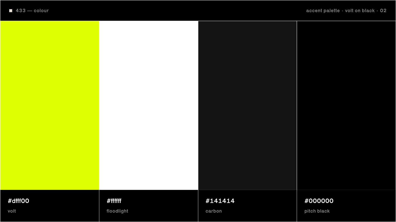 the 433 palette: volt, floodlight white, stadium night and pitch black
