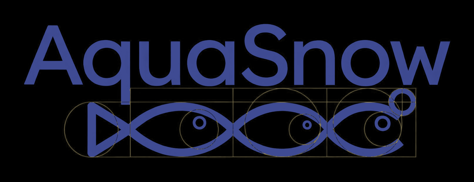 an early sketch of the aquasnow wordmark, the fish mark built and checked against a golden-ratio circle grid, blue and gold on black