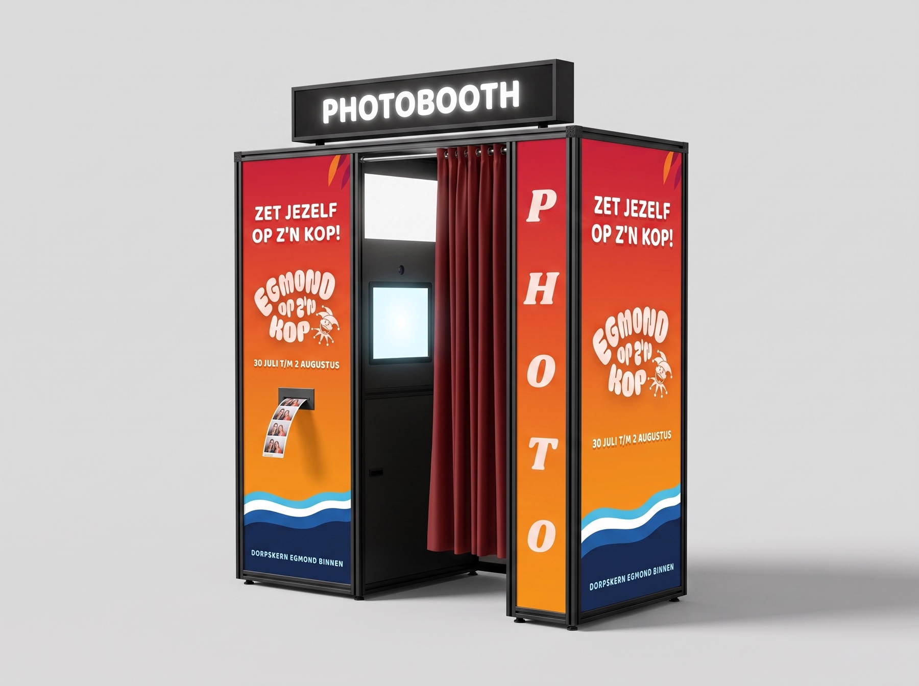 a render of the egmond wrap applied to the second booth: two wings, a lit photobooth header, a curtain and a screen inside