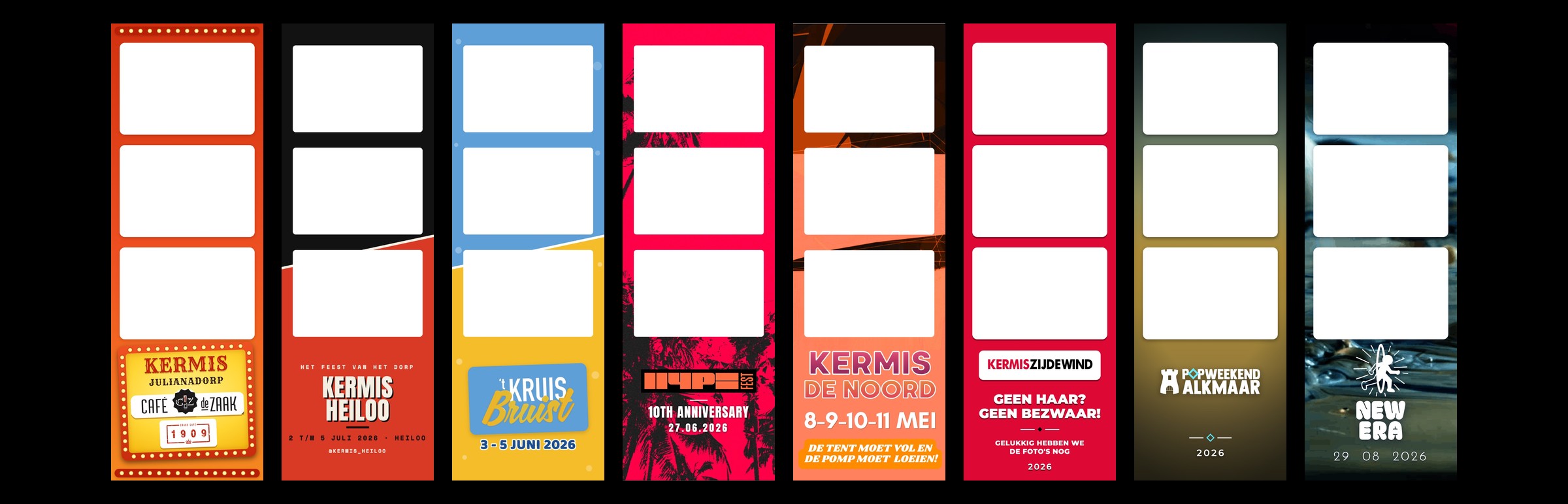 eight photo strips in a row, each in the colours of its own festival