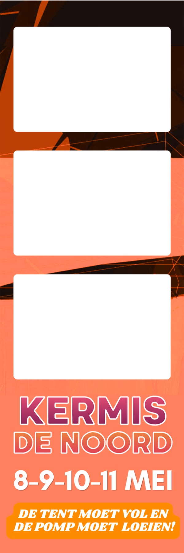 kermis de noord strip: coral and burnt orange shards behind a purple and cream wordmark