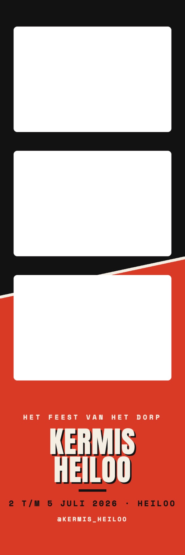 kermis heiloo strip: a black to vermilion diagonal split with a heavy condensed wordmark