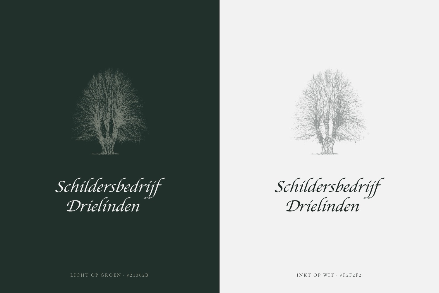 the schildersbedrijf drielinden wordmark, a calligraphic mark, light on deep green and ink on white