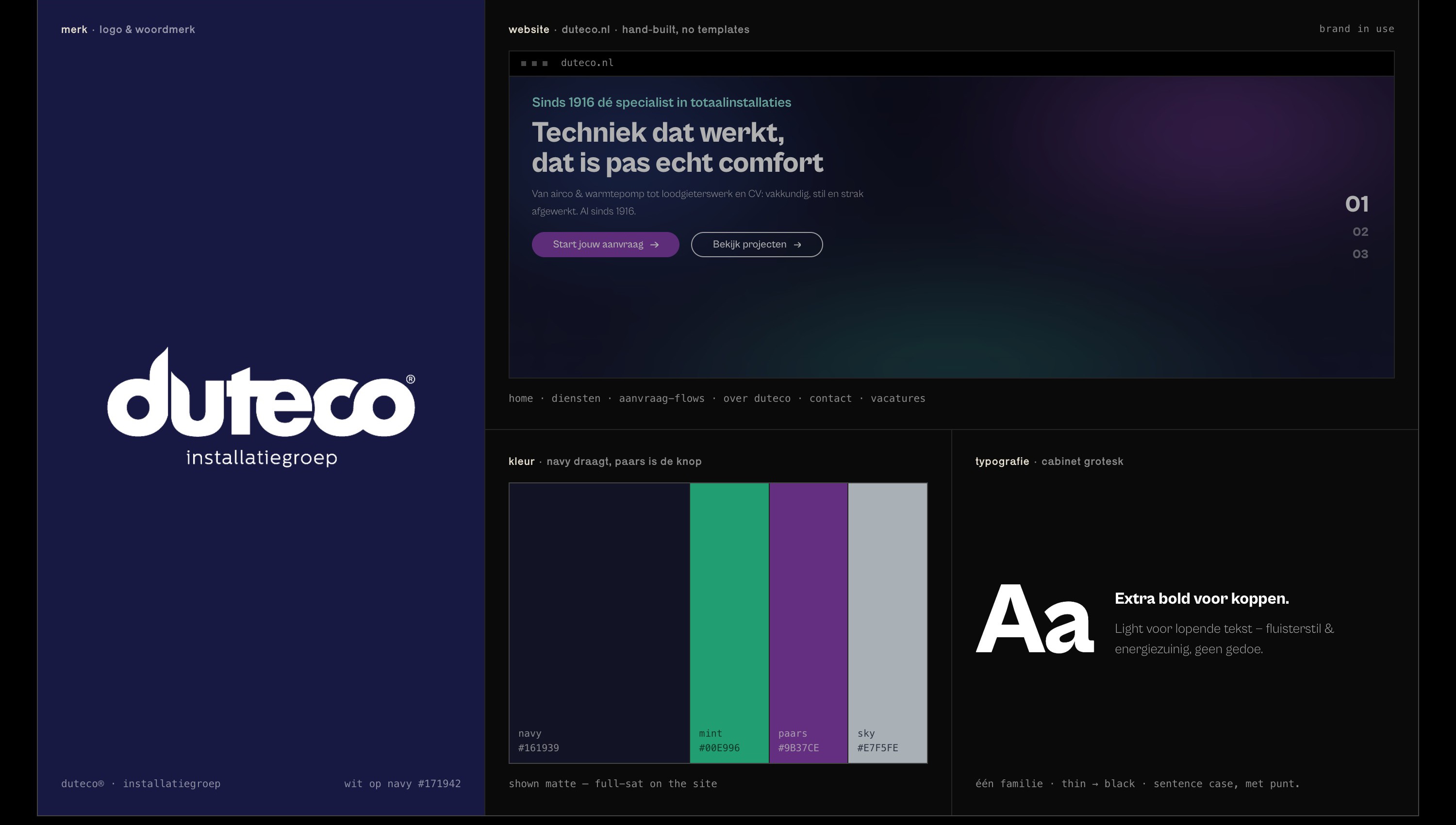 the duteco identity applied: the mark, the type and the colour set out across the work