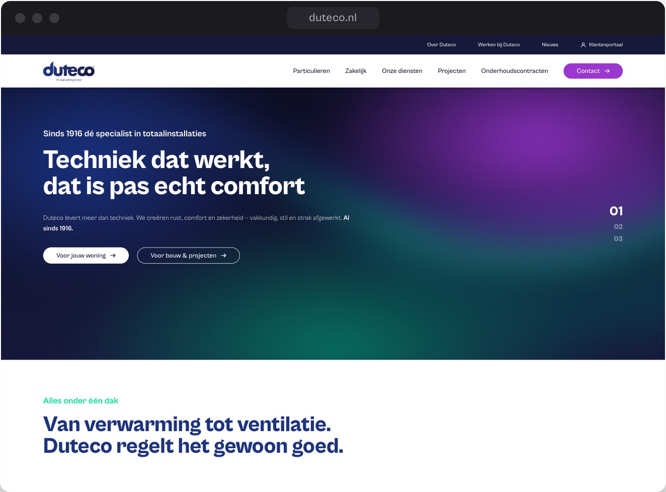 the duteco home page: the new mark, one clear line of copy and the services set out in order