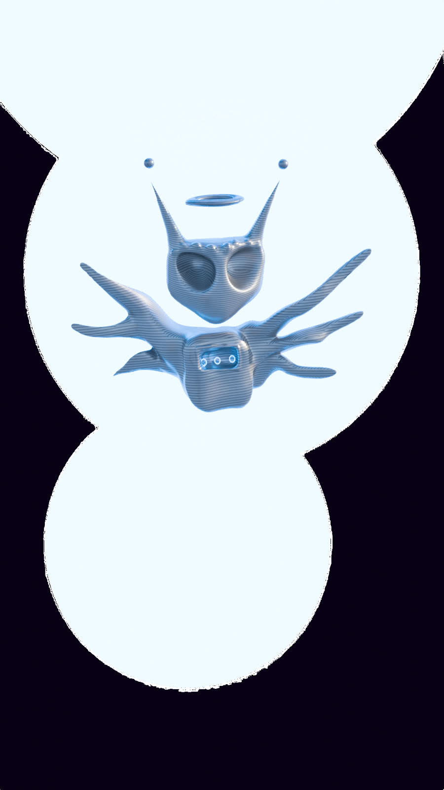 a render: a horned, halo'd form with outstretched limbs, pale blue on a white field