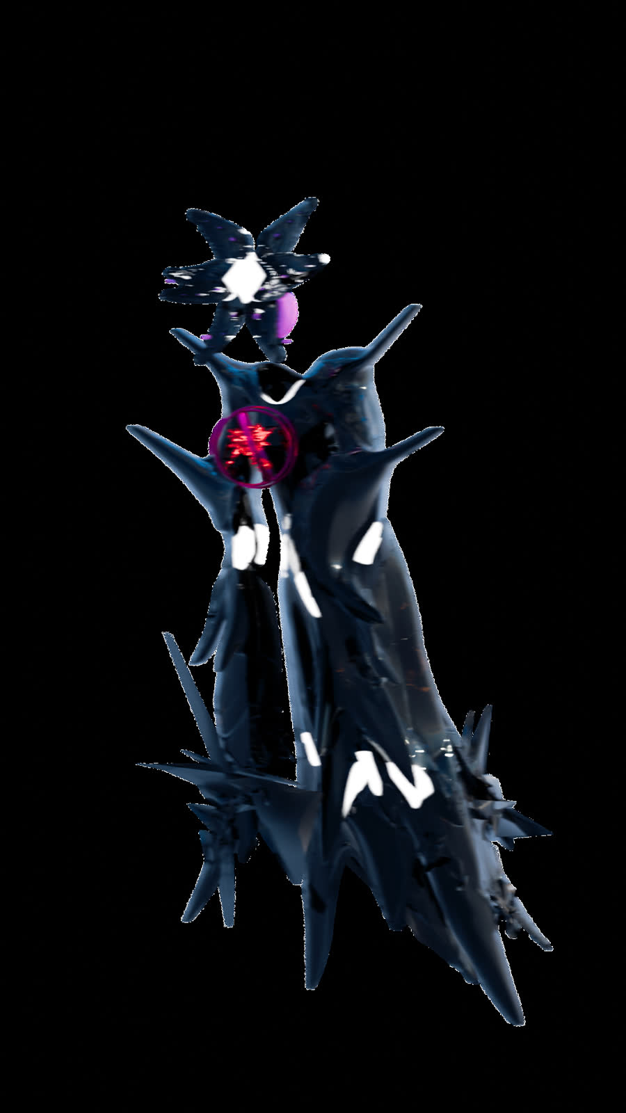 a render: a black spined figure on black, a magenta ring held at the chest