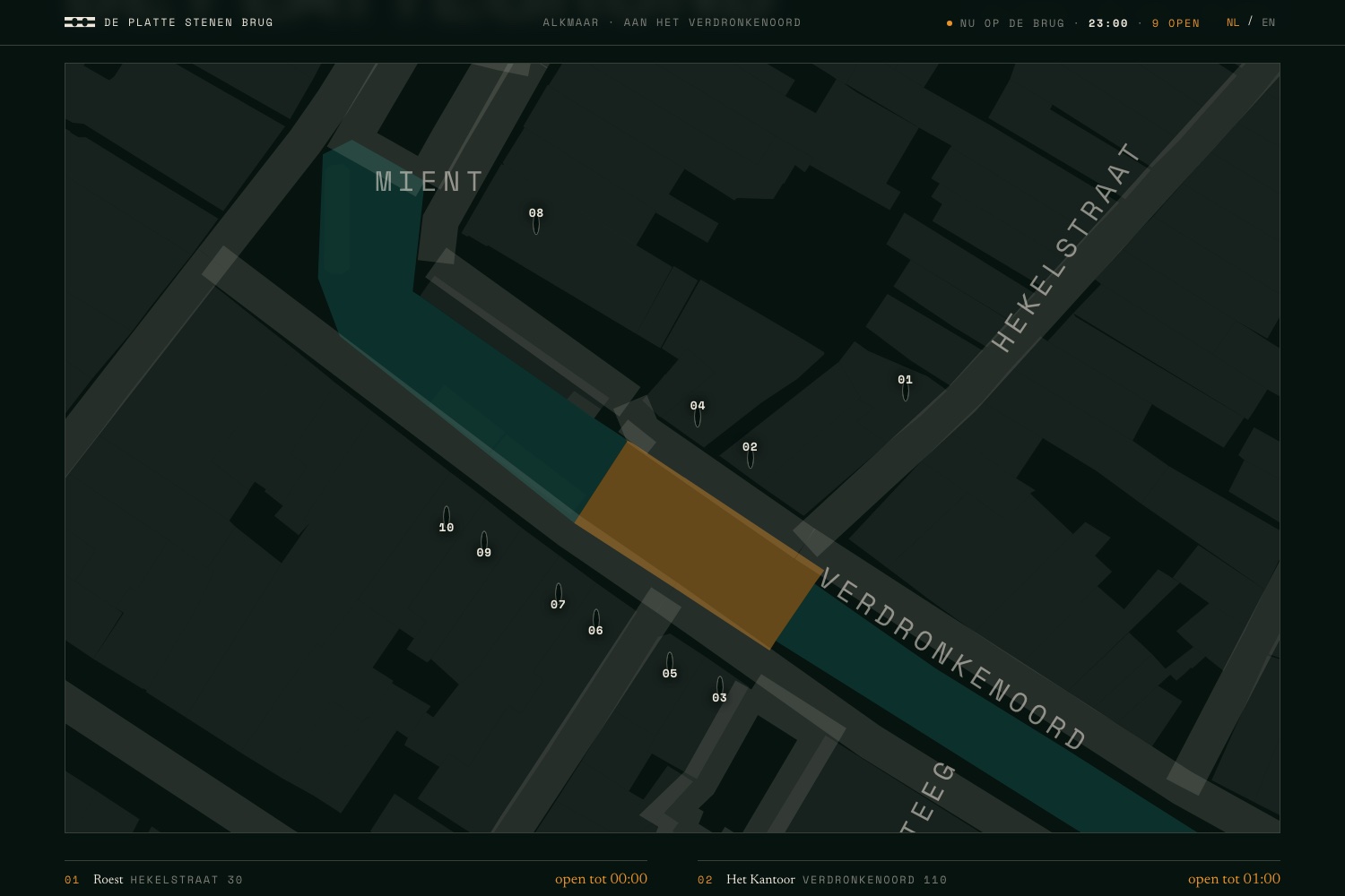 the map by night: real street geometry of the verdronkenoord, the bridge deck as a lamp-coloured plane, ten numbered pins on their true positions