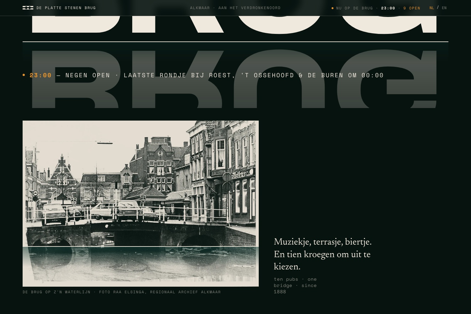 the mirrored data line on the water at 23:00, nine open, last round named, above the 1970s archive photo of the bridge split on its real waterline