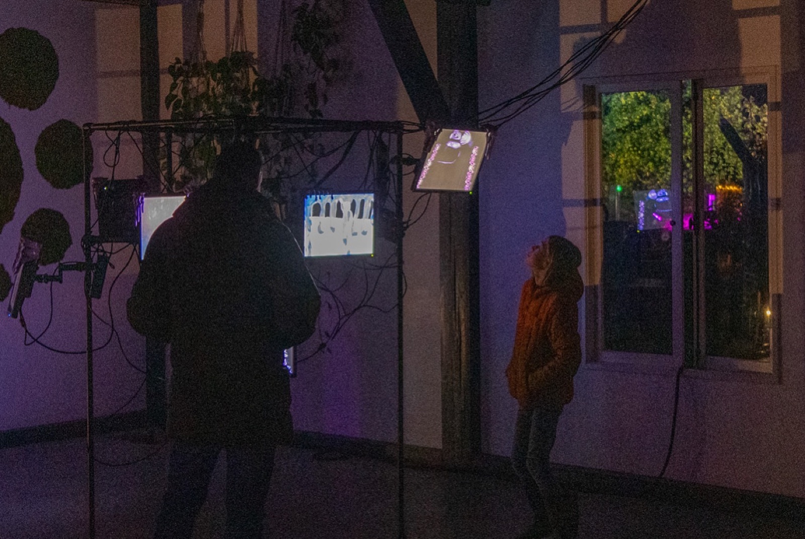 two visitors in a dim room look up at small screens mounted overhead, house plants hanging between the poles, a window showing trees outside.