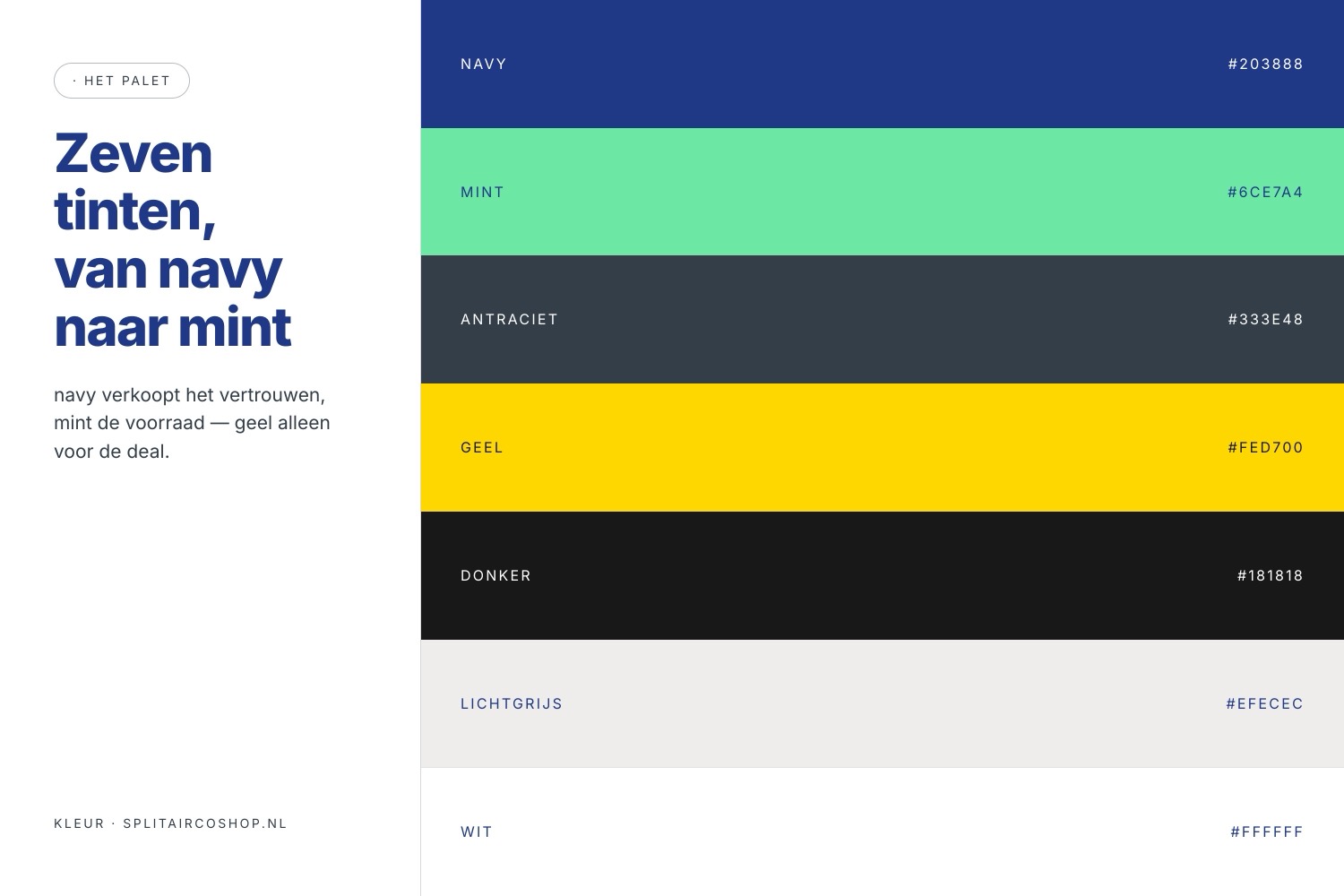 the palette: navy, mint, antraciet, yellow, dark, light grey and white, flat, no gradients