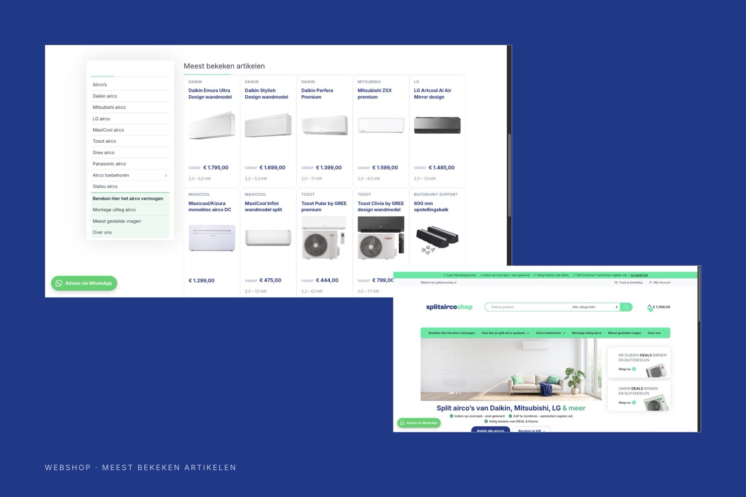 the shop: most-viewed products from daikin, mitsubishi, lg and tosot with prices, and the category rail