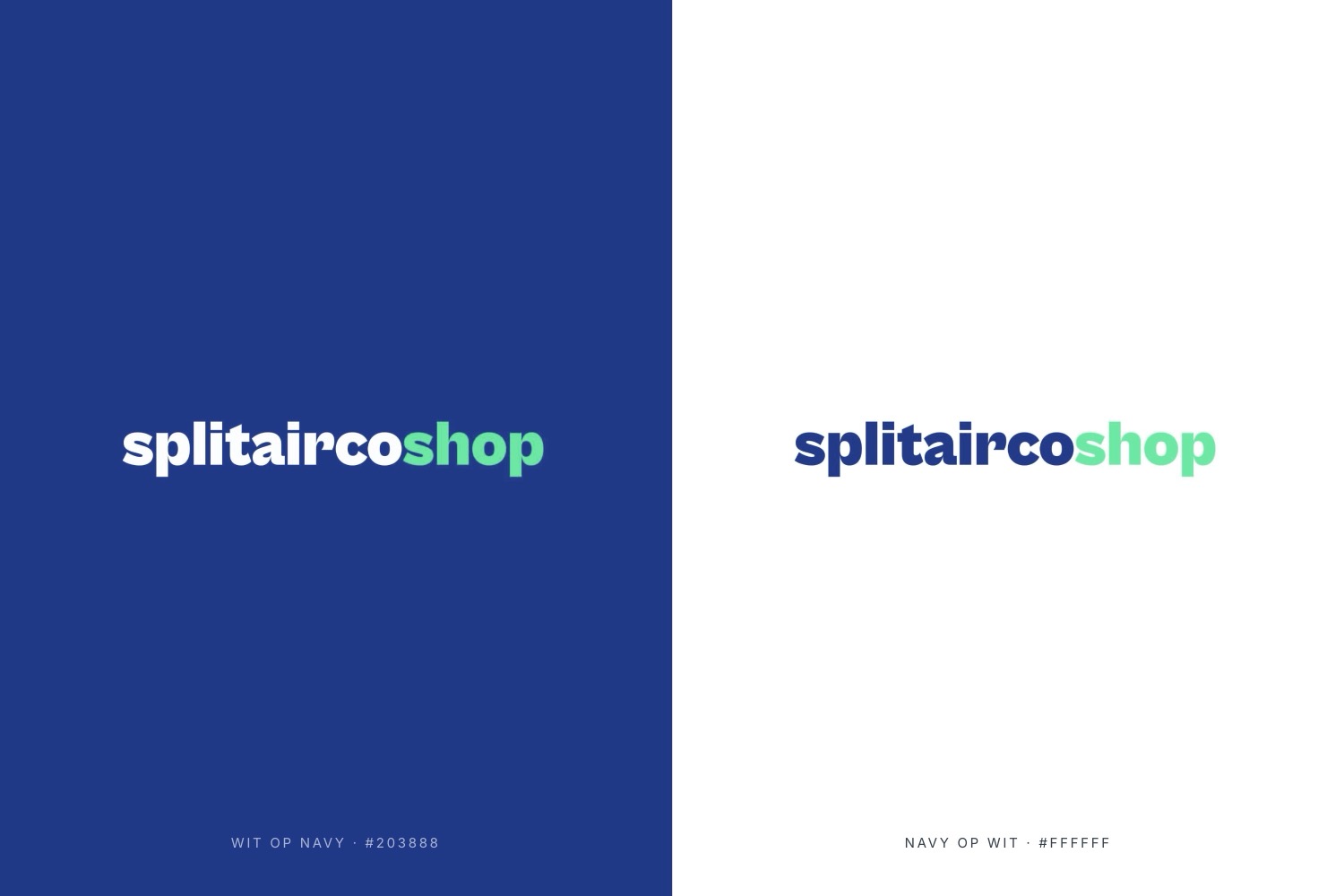 the splitaircoshop wordmark, navy and mint on white, white and mint on navy